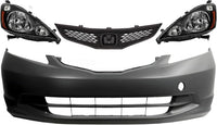 Front Bumper Cover Primed Plastic + Grille Textured + Headlights Left Driver & Right Passenger Side Direct Replacement Compatible With 2009-2014 Honda