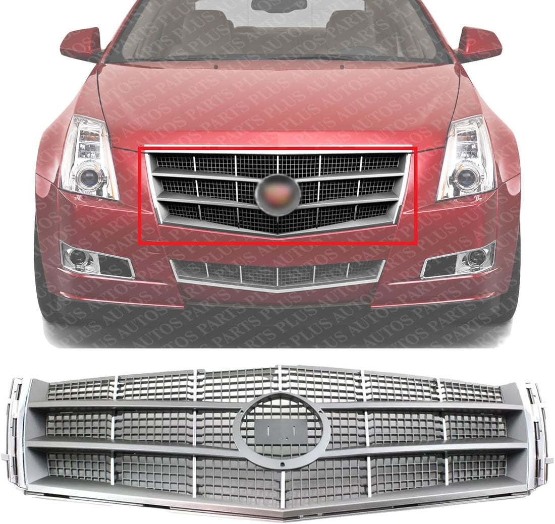 Front Grille Assembly Chrome Plastic Shell With Painted Silver Insert Direct Replacement Compatible With 2008-2011 Cadillac CTS GM1200616 25896043