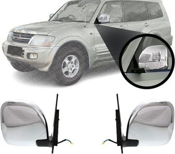 Set Of 2 Front Power Mirror Manual Folding Heated Chrome Plastic Left Driver & Right Passenger Side Direct Replacement Compatible With 2001-2006 Mitsubishi Montero MR478840 MR478839