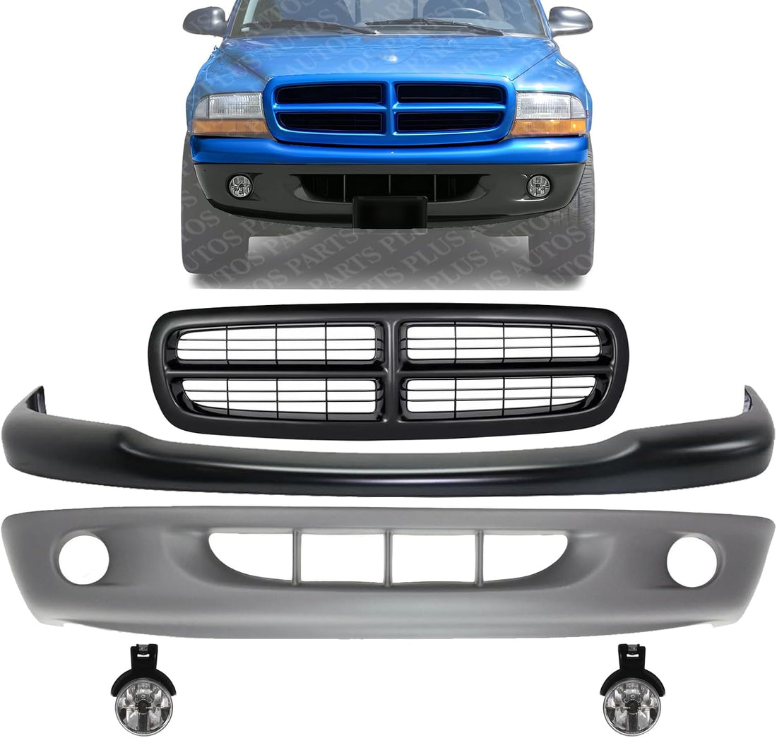 Front Bumper Upper Cover Primed + Lower Valance Textured + Grille + Fog Lights Left Driver & Right Passenger Side Direct Replacement Compatible With 1997-2000 Dodge Dakota CH1000240