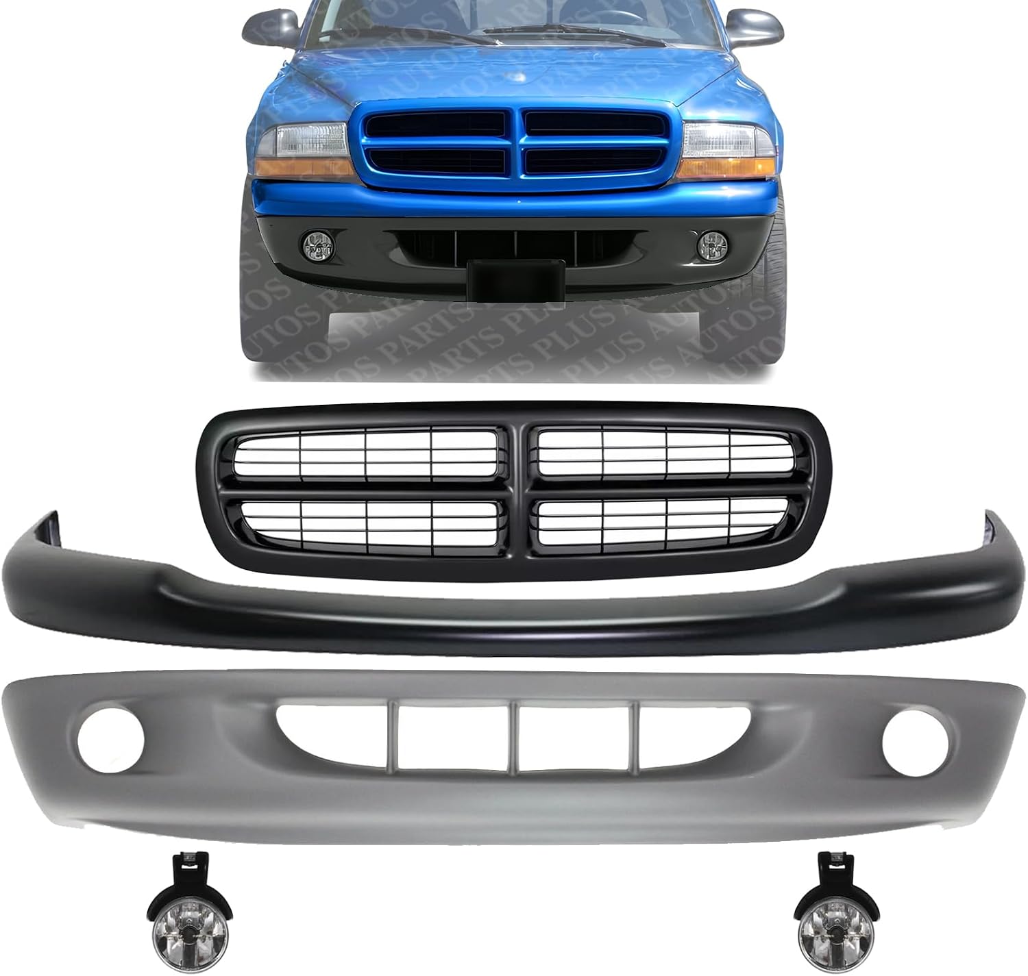 Front Bumper Upper Cover Primed + Lower Valance Textured + Grille + Fog Lights Left Driver & Right Passenger Side Direct Replacement Compatible With 1997-2000 Dodge Dakota CH1000240