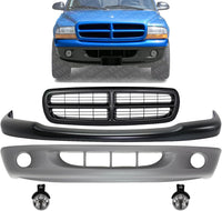 Front Bumper Upper Cover Primed + Lower Valance Textured + Grille + Fog Lights Left Driver & Right Passenger Side Direct Replacement Compatible With 1997-2000 Dodge Dakota CH1000240