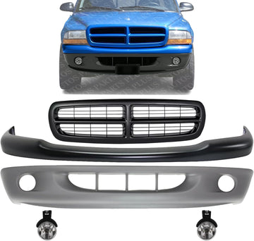 Front Bumper Upper Cover Primed + Lower Valance Textured + Grille + Fog Lights Left Driver & Right Passenger Side Direct Replacement Compatible With 1997-2000 Dodge Dakota CH1000240