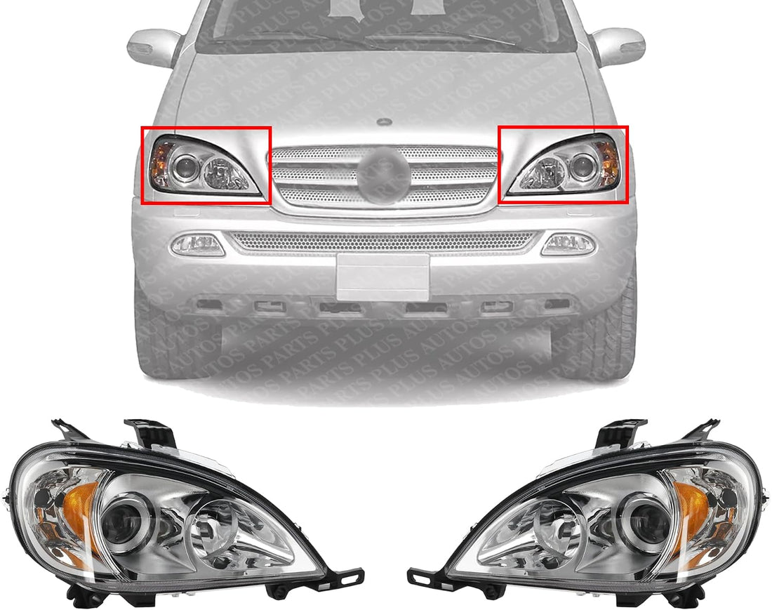 Front Headlights Assembly Halogen Right Passenger & Left Driver Side Direct Replacement Compatible With 2002-2005 Mercedes Benz ML-Class MB2502114 MB2503114 1638204961 1638205061