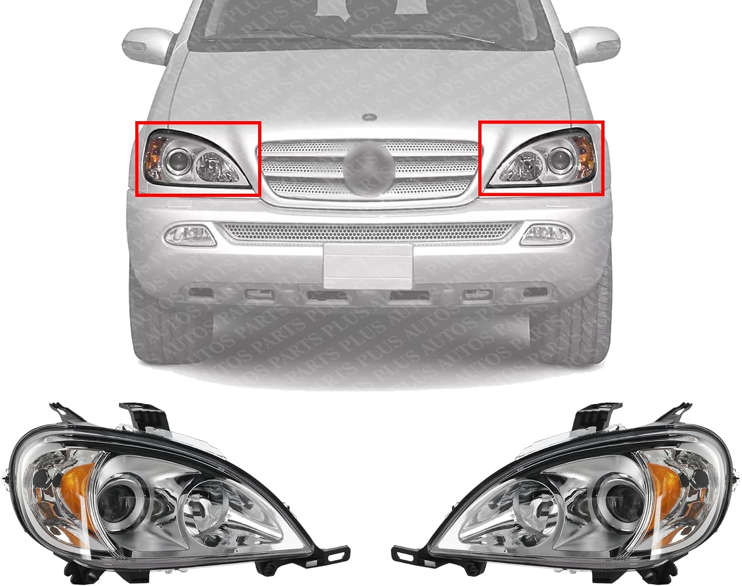 Front Headlights Assembly Halogen Right Passenger & Left Driver Side Direct Replacement Compatible With 2002-2005 Mercedes Benz ML-Class MB2502114 MB2503114 1638204961 1638205061