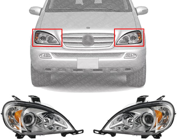 Front Headlights Assembly Halogen Right Passenger & Left Driver Side Direct Replacement Compatible With 2002-2005 Mercedes Benz ML-Class MB2502114 MB2503114 1638204961 1638205061