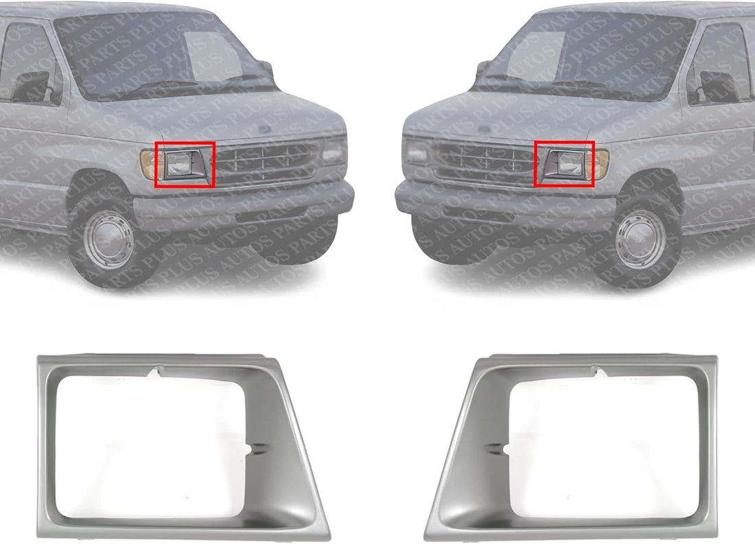 Set Of 2 Front Headlight Door Bezel Argent Plastic Right & Left Side Direct Replacement Compatible With 1992-1996 Ford E-Series Econoline Van FO2513141 FO2512141 F2UZ13064A F2UZ13064B