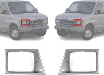Set Of 2 Front Headlight Door Bezel Argent Plastic Right & Left Side Direct Replacement Compatible With 1992-1996 Ford E-Series Econoline Van FO2513141 FO2512141 F2UZ13064A F2UZ13064B