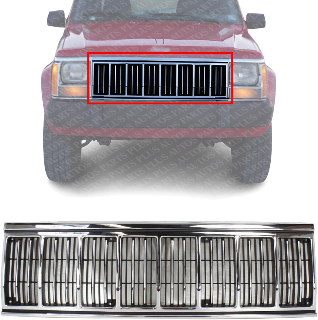 Front Grille Chrome Shell & Primed Insert Plastic Direct Replacement Compatible With 1991-1996 Jeep Cherokee CH1200196 55034046AB