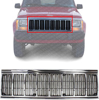 Front Grille Chrome Shell & Primed Insert Plastic Direct Replacement Compatible With 1991-1996 Jeep Cherokee CH1200196 55034046AB