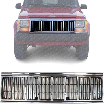 Front Grille Chrome Shell & Primed Insert Plastic Direct Replacement Compatible With 1991-1996 Jeep Cherokee CH1200196 55034046AB