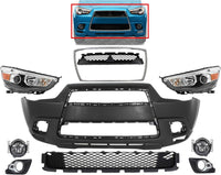 Front Bumper Cover Primed + Upper & Lower Grille + Chrome Molding + Headlight + Fog Light + Trim Left & Right Side Direct Replacement Compatible With 2011-2012 Mitsubishi Outlander