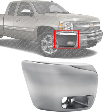 Front Bumper End Cap Chrome Plastic With Fog Light Holes Right Passenger Side Direct Replacement Compatible With 2007-2013 Chevrolet Silverado 1500 GM1005156 20985758