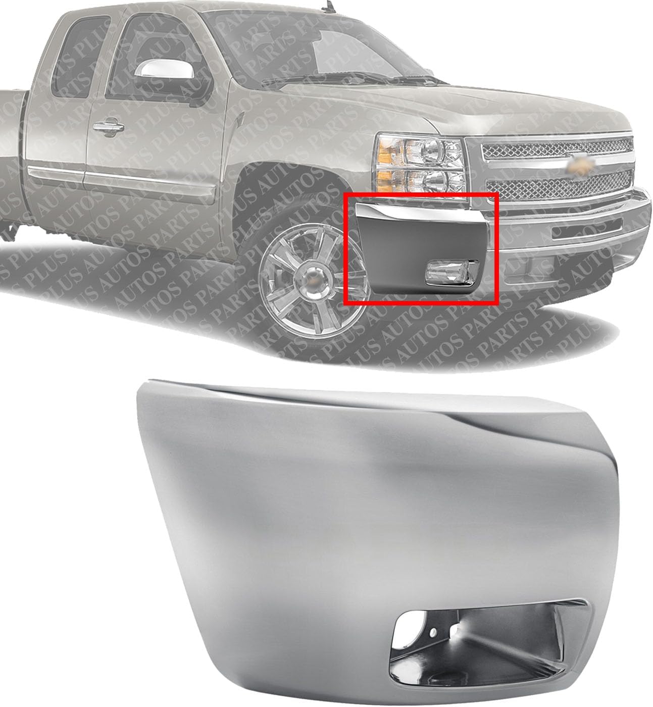 Front Bumper End Cap Chrome Plastic With Fog Light Holes Right Passenger Side Direct Replacement Compatible With 2007-2013 Chevrolet Silverado 1500 GM1005156 20985758