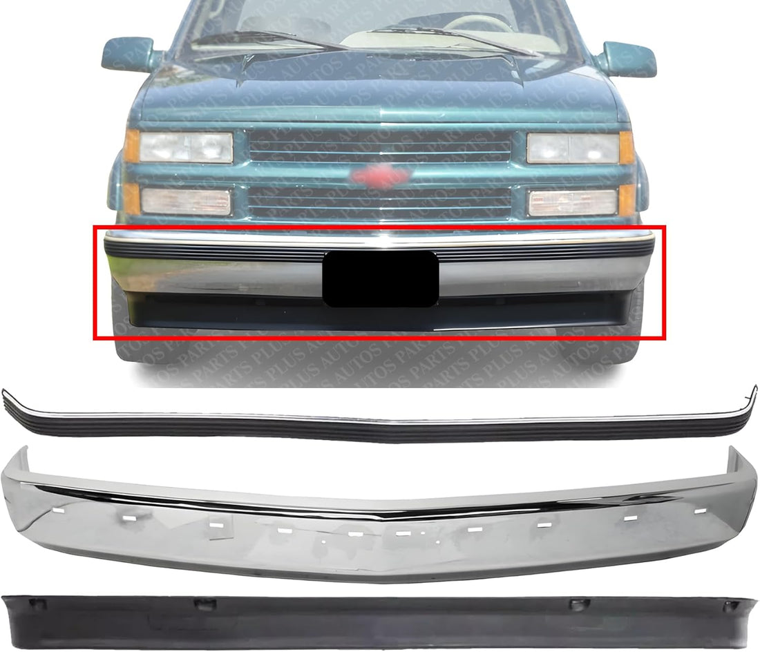 AUTOS PARTS PLUS Front Bumper Face Bar Chrome Steel + Molding Impact Strip + Lower Valance Air Deflector Primed Direct Replacement Compatible With 1988-2000 Chevrolet C/K Series GM1002802 GM1057127