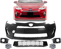 Front Bumper Cover Primed Plastic + Lower Grille + Fog Lights + Trim Left Driver & Right Passenger Side Direct Replacement Compatible With 2012-2014 Toyota Prius C