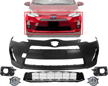 Front Bumper Cover Primed Plastic + Lower Grille + Fog Lights + Trim Left Driver & Right Passenger Side Direct Replacement Compatible With 2012-2014 Toyota Prius C