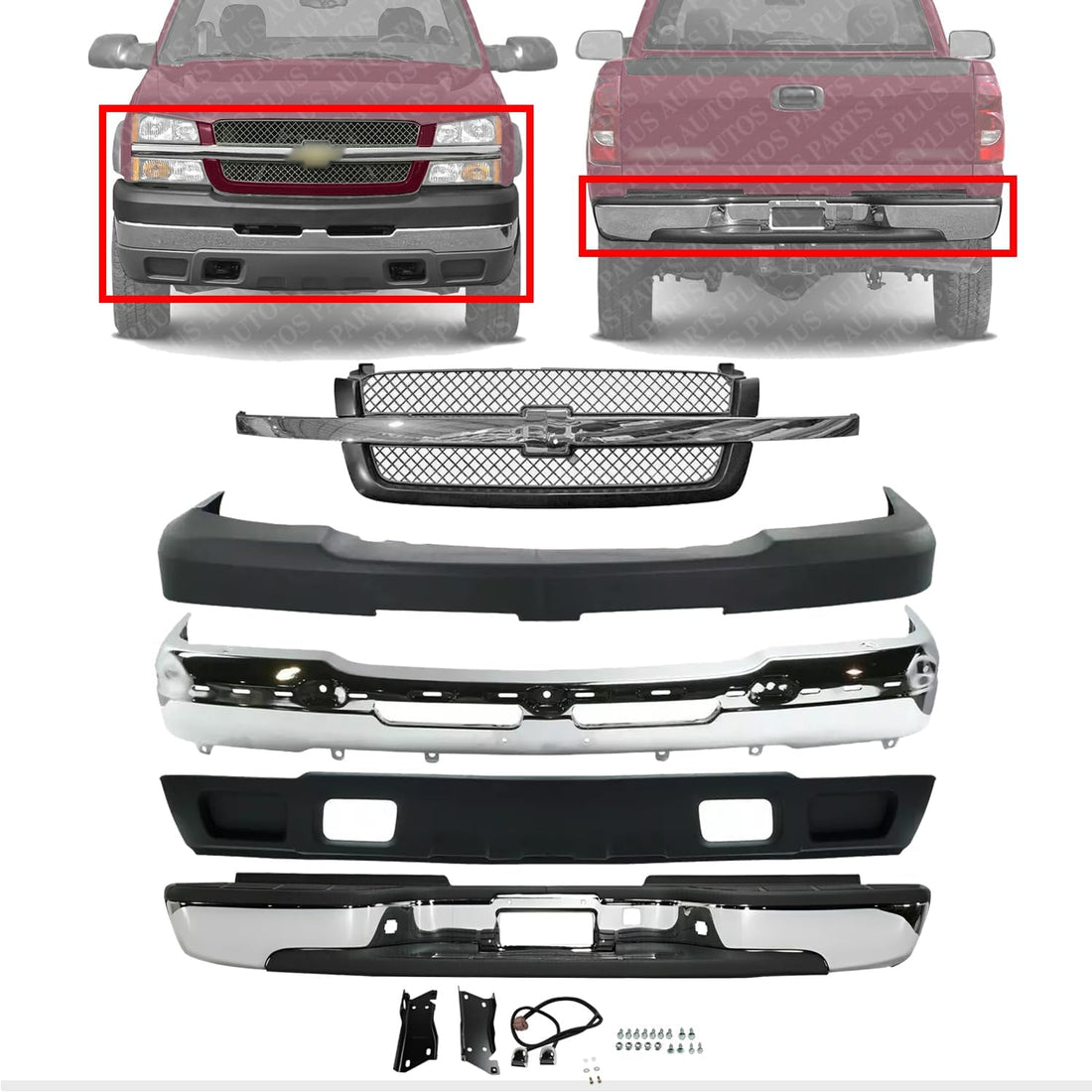 Front & Rear Bumper Chrome Steel + Grille + Upper Cover + Lower Valance Air Deflector Textured Direct Replacement Compatible With 2003-2006 Chevrolet Silverado 2500HD 3500 GM1051109