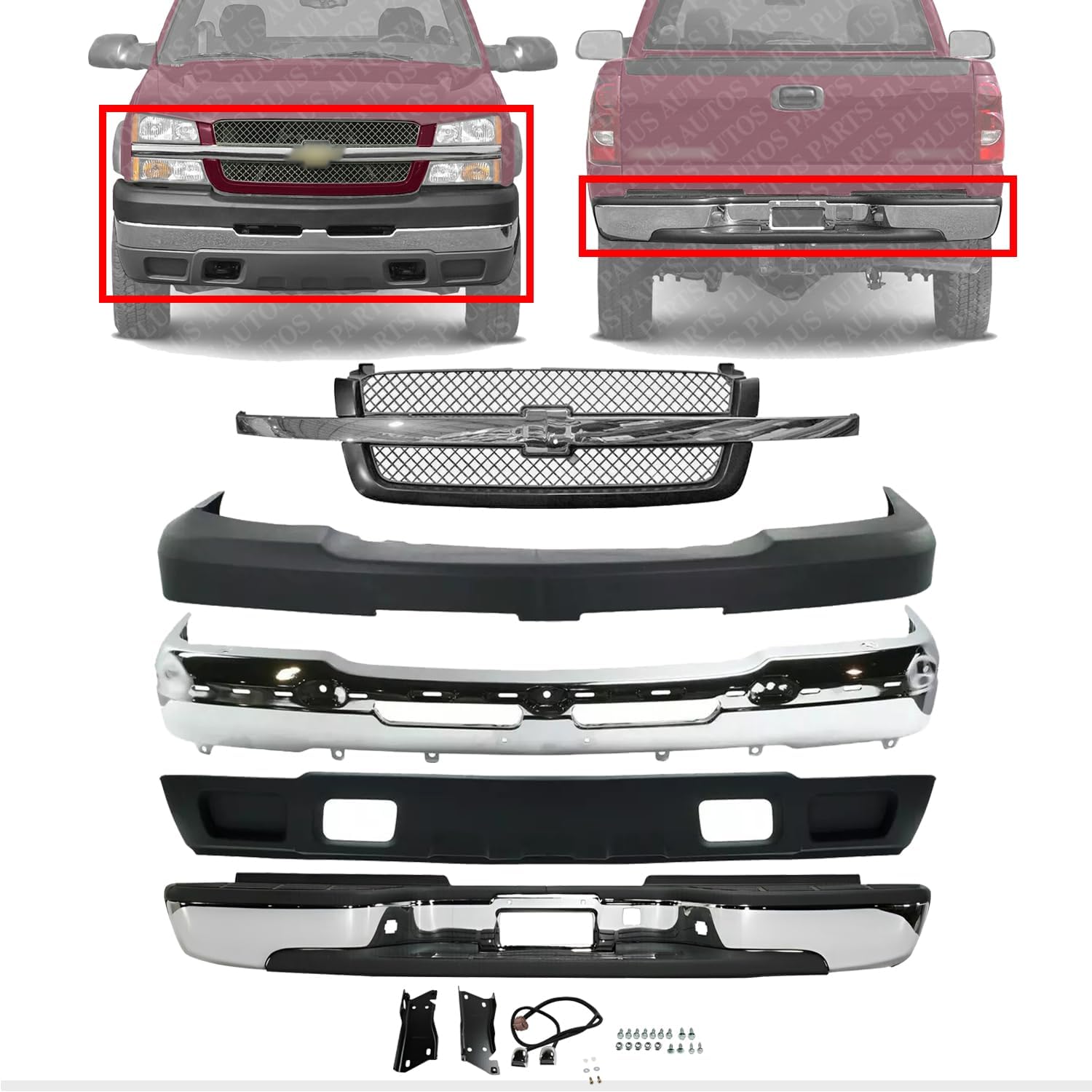 Front & Rear Bumper Chrome Steel + Grille + Upper Cover + Lower Valance Air Deflector Textured Direct Replacement Compatible With 2003-2006 Chevrolet Silverado 2500HD 3500 GM1051109