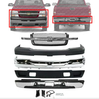 Front & Rear Bumper Chrome Steel + Grille + Upper Cover + Lower Valance Air Deflector Textured Direct Replacement Compatible With 2003-2006 Chevrolet Silverado 2500HD 3500 GM1051109