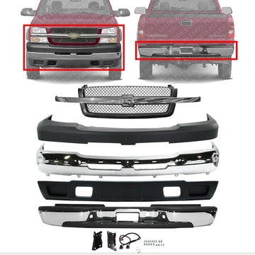 Front & Rear Bumper Chrome Steel + Grille + Upper Cover + Lower Valance Air Deflector Textured Direct Replacement Compatible With 2003-2006 Chevrolet Silverado 2500HD 3500 GM1051109