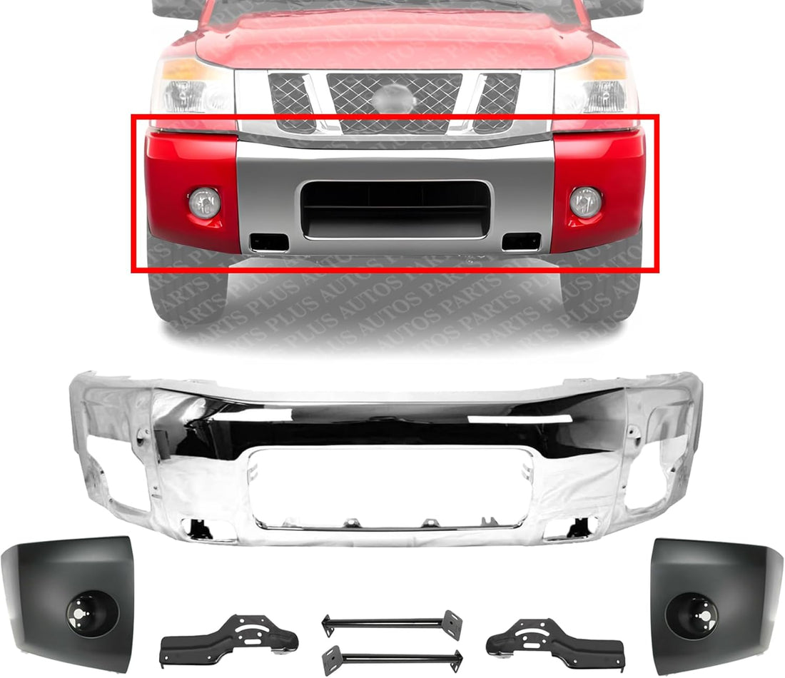 Front Bumper Face Bar Chrome Steel + End Caps Primed + Brackets Set Direct Replacement Compatible With 2004-2007 Nissan Titan NI1002136 NI1004147 NI1005147 NI1032104 NI1066130