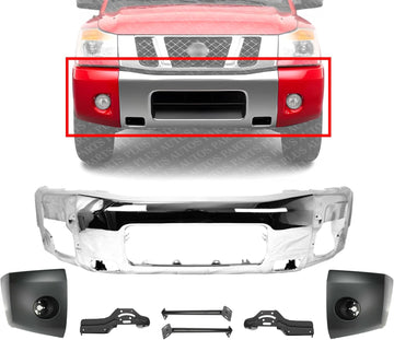 Front Bumper Face Bar Chrome Steel + End Caps Primed + Brackets Set Direct Replacement Compatible With 2004-2007 Nissan Titan NI1002136 NI1004147 NI1005147 NI1032104 NI1066130