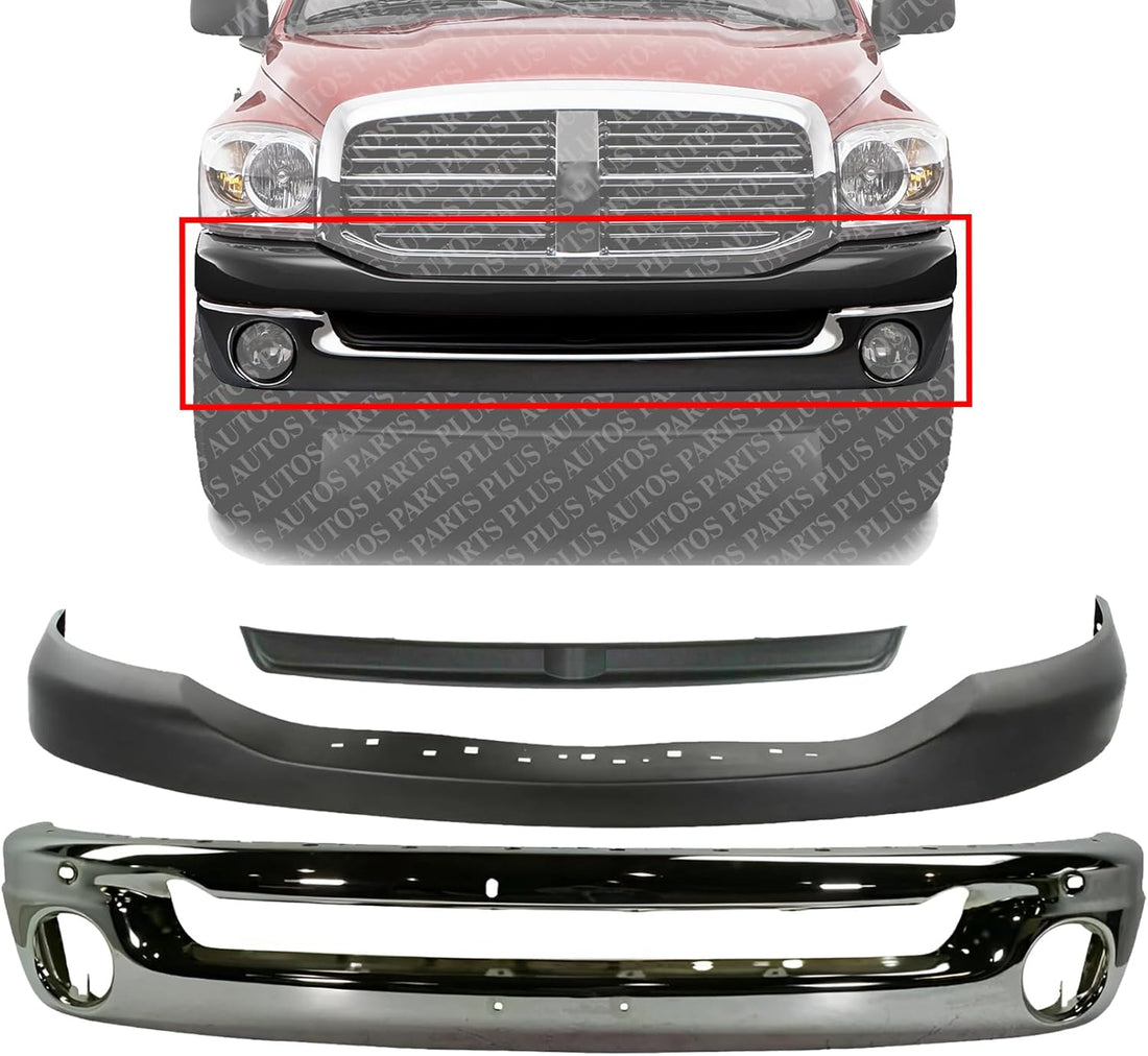 Front Bumper Face Bar Chrome Steel + Inner Filler + Upper Cover Textured Direct Replacement Compatible With 2006-2009 Dodge Ram 1500 2500 3500 CH1000880 CH1002383 CH1091101
