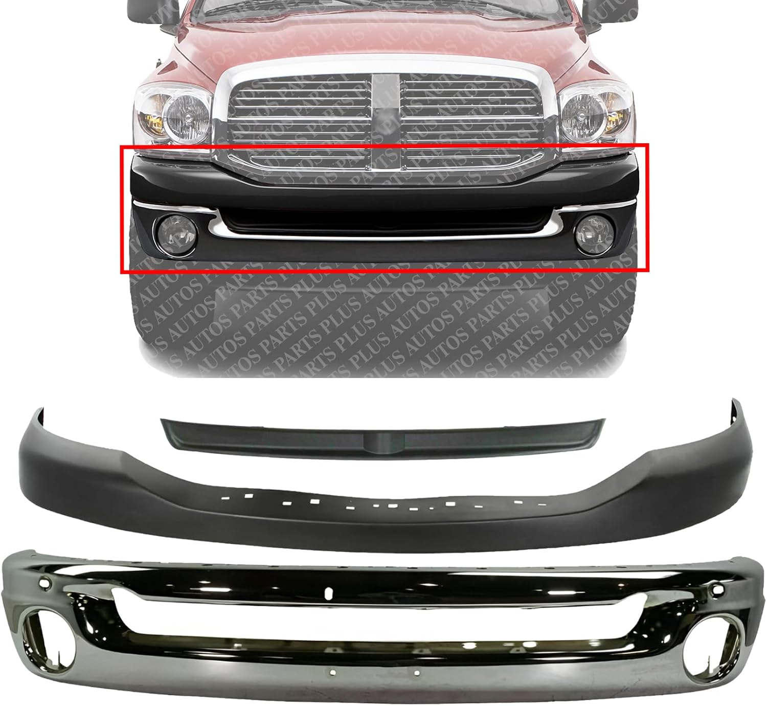 Front Bumper Face Bar Chrome Steel + Inner Filler + Upper Cover Textured Direct Replacement Compatible With 2006-2009 Dodge Ram 1500 2500 3500 CH1000880 CH1002383 CH1091101