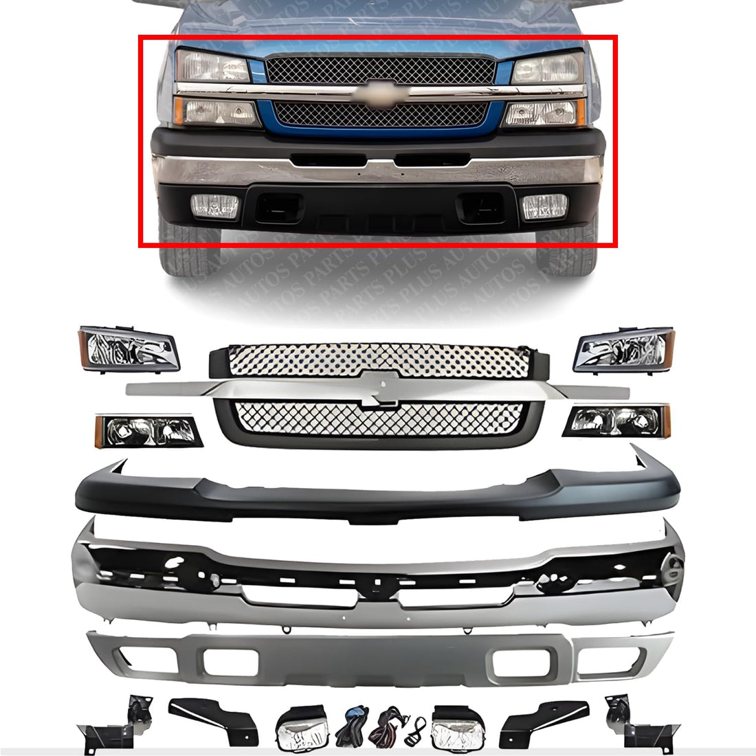 Front Bumper Chrome + Grille + Upper Cover + Lower Valance Textured + Brackets + Headlights + Fog Lamps Left & Right Direct Replacement Compatible With 2003-2006 Chevy Silverado 1500