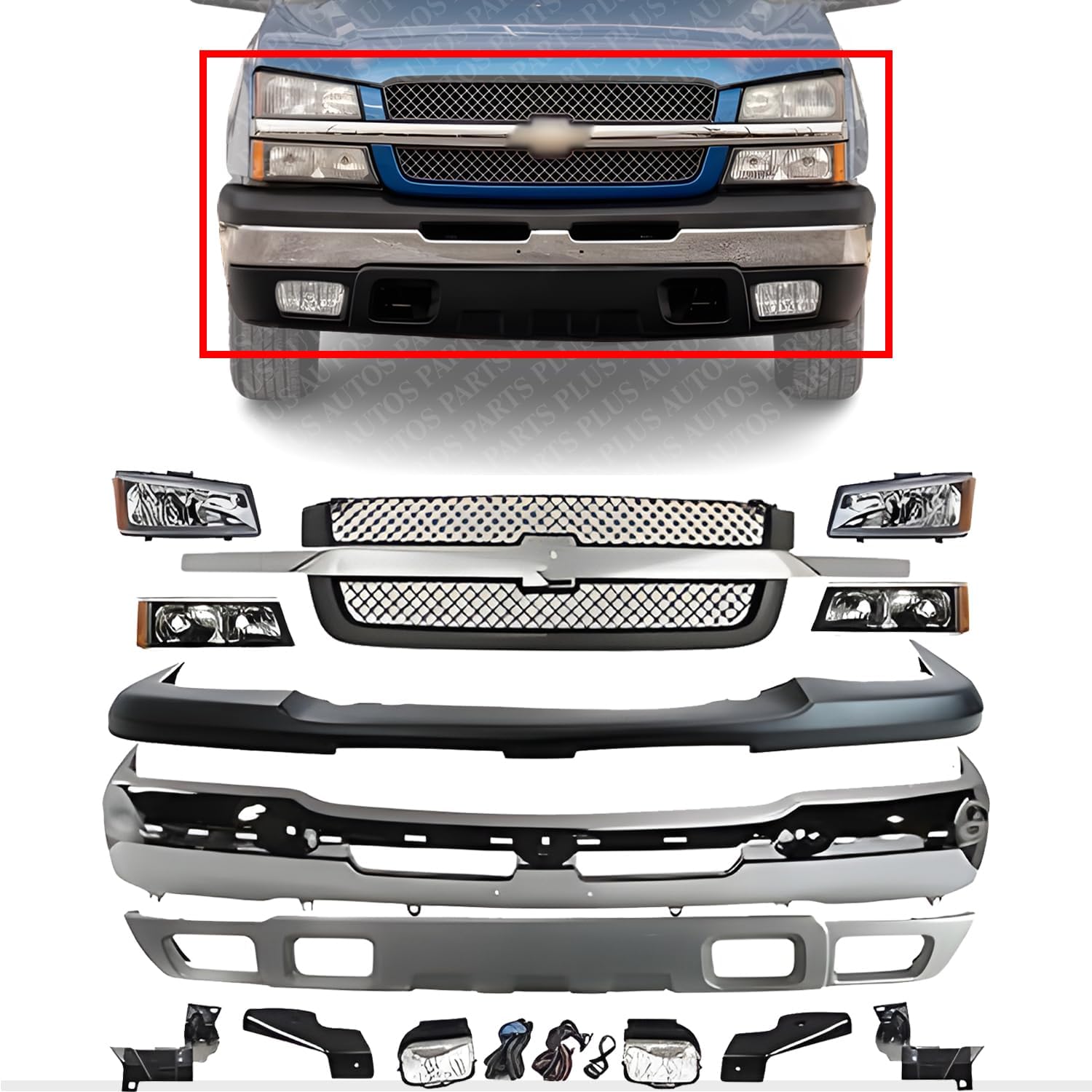 Front Bumper Chrome + Grille + Upper Cover + Lower Valance Textured + Brackets + Headlights + Fog Lamps Left & Right Direct Replacement Compatible With 2003-2006 Chevy Silverado 1500