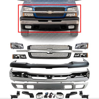 Front Bumper Chrome + Grille + Upper Cover + Lower Valance Textured + Brackets + Headlights + Fog Lamps Left & Right Direct Replacement Compatible With 2003-2006 Chevy Silverado 1500