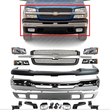Front Bumper Chrome + Grille + Upper Cover + Lower Valance Textured + Brackets + Headlights + Fog Lamps Left & Right Direct Replacement Compatible With 2003-2006 Chevy Silverado 1500