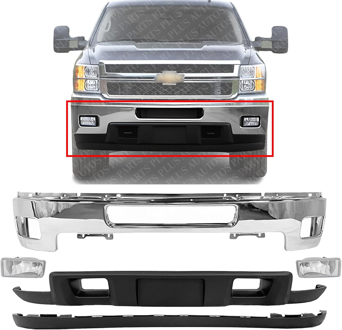 Front Bumper Chrome Steel + Lower Valance + Extension Textured + Fog Lights Left & Right Side Direct Replacement Compatible With 2011-2014 Chevrolet Silverado 2500HD 3500