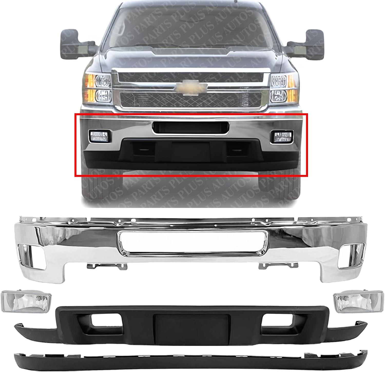 Front Bumper Chrome Steel + Lower Valance + Extension Textured + Fog Lights Left & Right Side Direct Replacement Compatible With 2011-2014 Chevrolet Silverado 2500HD 3500