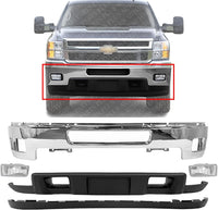 Front Bumper Chrome Steel + Lower Valance + Extension Textured + Fog Lights Left & Right Side Direct Replacement Compatible With 2011-2014 Chevrolet Silverado 2500HD 3500