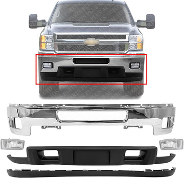 Front Bumper Chrome Steel + Lower Valance + Extension Textured + Fog Lights Left & Right Side Direct Replacement Compatible With 2011-2014 Chevrolet Silverado 2500HD 3500