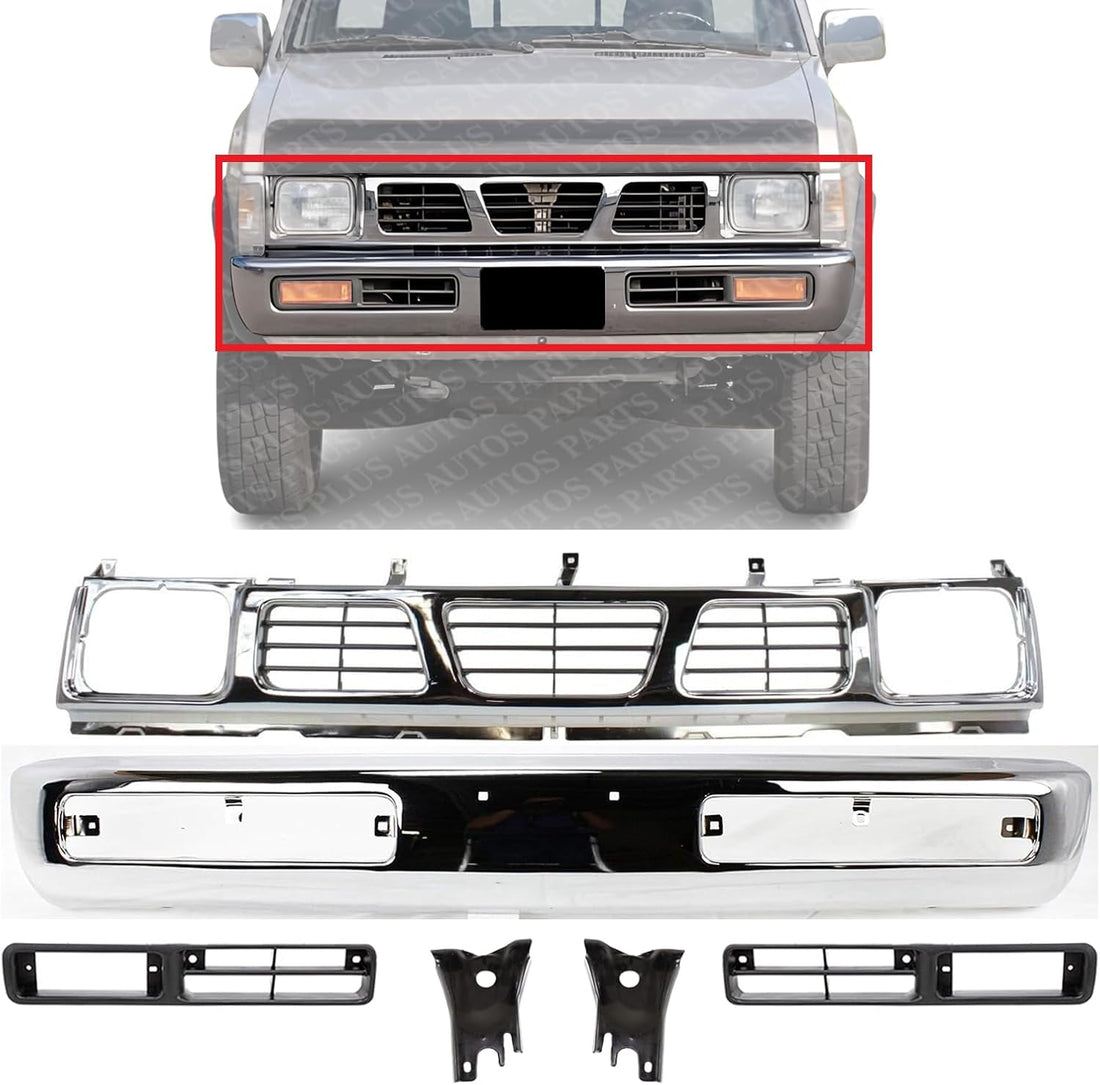 Front Bumper Chrome + Grille + Brackets + Light Molding Bezel Left Driver & Right Passenger Side Direct Replacement Compatible With 1996-1997 Nissan Pickup NI1002127 NI1200116