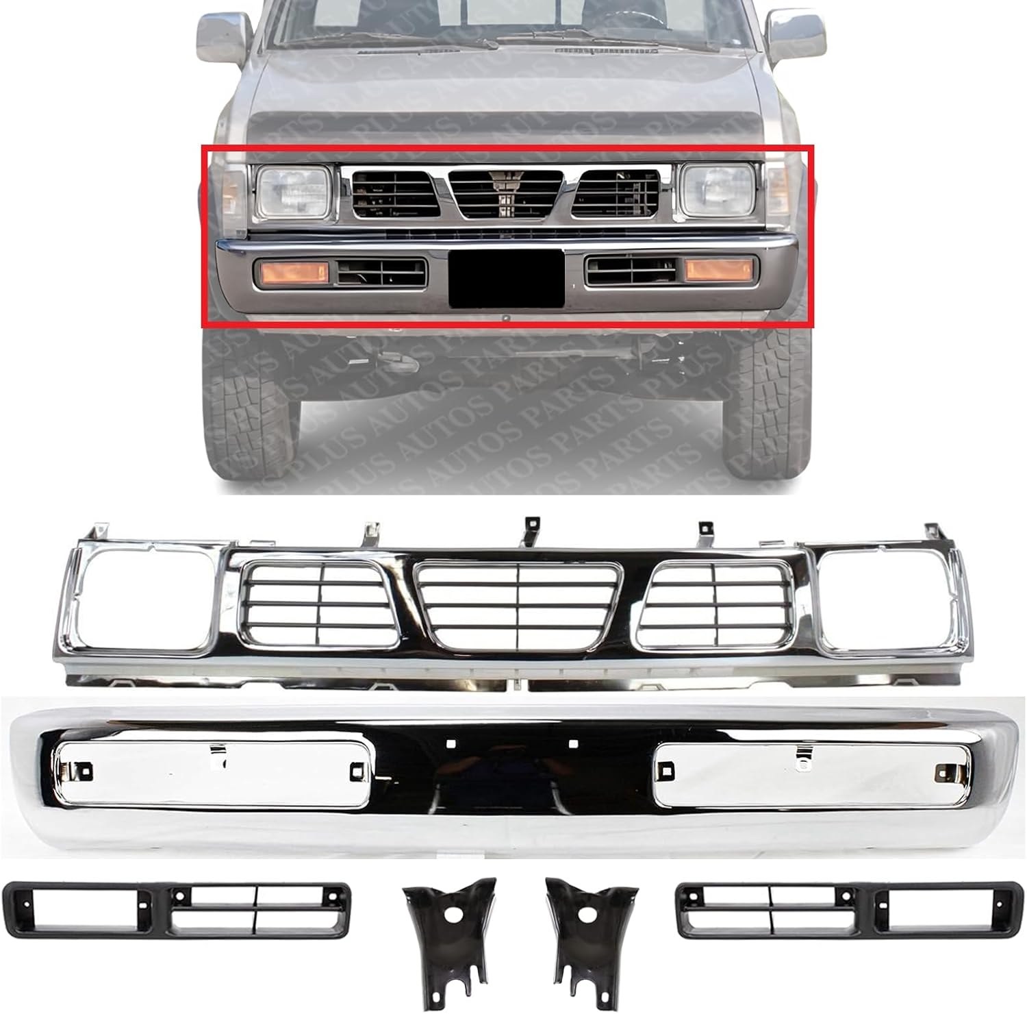 Front Bumper Chrome + Grille + Brackets + Light Molding Bezel Left Driver & Right Passenger Side Direct Replacement Compatible With 1996-1997 Nissan Pickup NI1002127 NI1200116