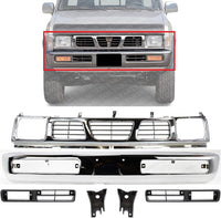 Front Bumper Chrome + Grille + Brackets + Light Molding Bezel Left Driver & Right Passenger Side Direct Replacement Compatible With 1996-1997 Nissan Pickup NI1002127 NI1200116