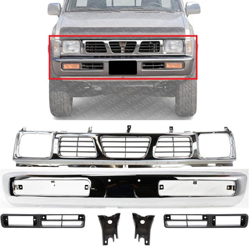 Front Bumper Chrome + Grille + Brackets + Light Molding Bezel Left Driver & Right Passenger Side Direct Replacement Compatible With 1996-1997 Nissan Pickup NI1002127 NI1200116