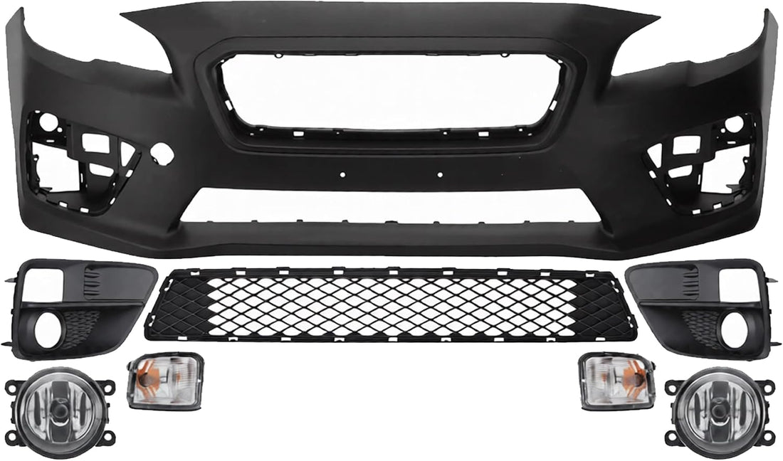 Front Bumper Cover Primed Plastic + Lower Grille + Signal Lamp + Fog Light + Trim Left & Right Side Direct Replacement Compatible With 2015-2017 Subaru WRX