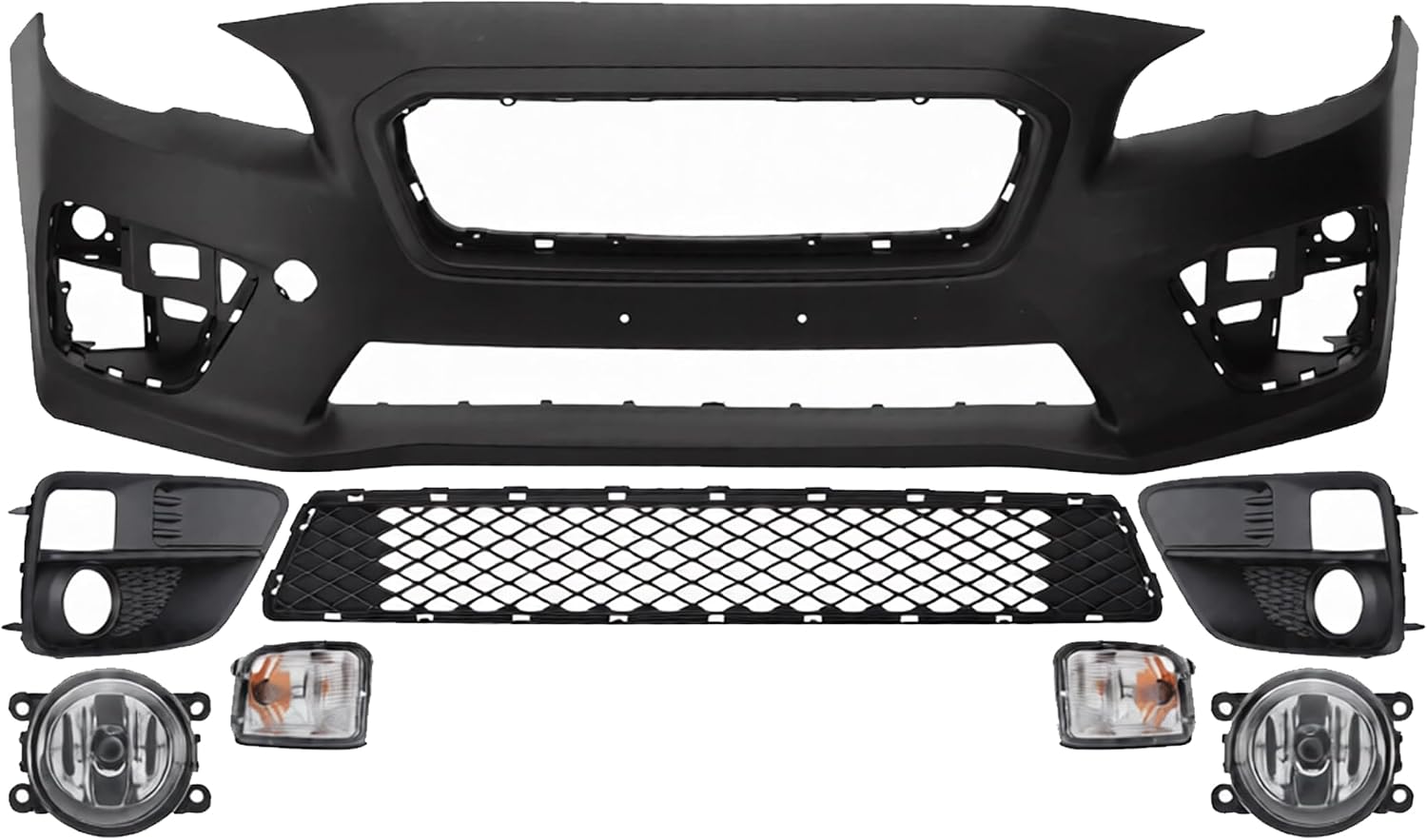 Front Bumper Cover Primed Plastic + Lower Grille + Signal Lamp + Fog Light + Trim Left & Right Side Direct Replacement Compatible With 2015-2017 Subaru WRX