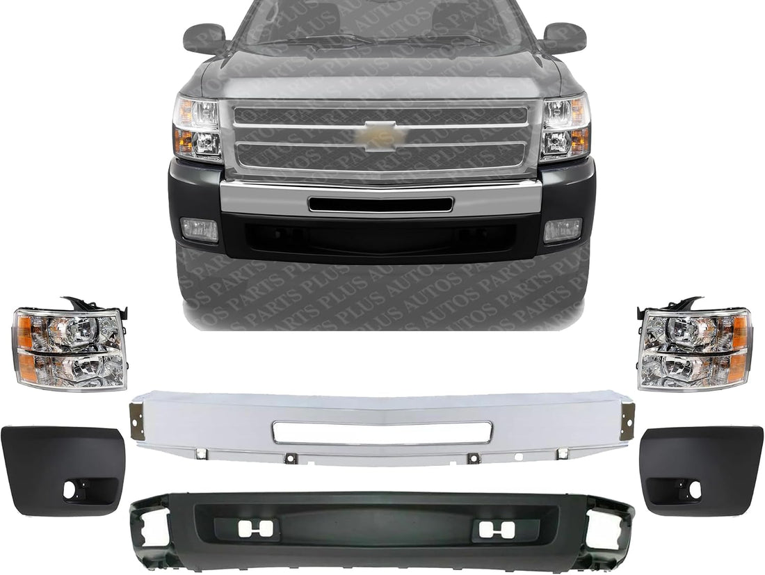 Front Bumper Impact Bar Steel + Lower Valance Air Deflector Textured + Headlight + End Caps Left & Right Side Direct Replacement Compatible With 2007-2013 Chevrolet Silverado 1500