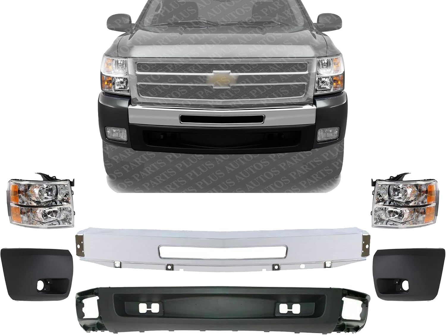 Front Bumper Impact Bar Steel + Lower Valance Air Deflector Textured + Headlight + End Caps Left & Right Side Direct Replacement Compatible With 2007-2013 Chevrolet Silverado 1500