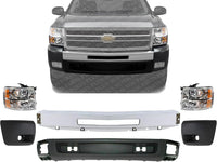 Front Bumper Impact Bar Steel + Lower Valance Air Deflector Textured + Headlight + End Caps Left & Right Side Direct Replacement Compatible With 2007-2013 Chevrolet Silverado 1500