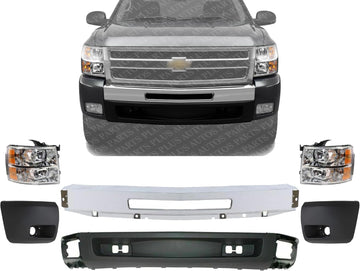 Front Bumper Impact Bar Steel + Lower Valance Air Deflector Textured + Headlight + End Caps Left & Right Side Direct Replacement Compatible With 2007-2013 Chevrolet Silverado 1500