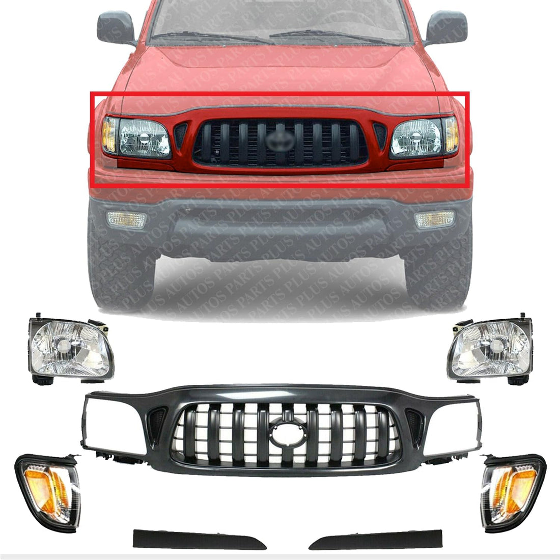 Front Grille Primed Shell & Insert + Headlights + Fillers + Corner Lamps Left Driver And Right Passenger Side Direct Replacement Compatible With 2001-2004 Toyota Tacoma
