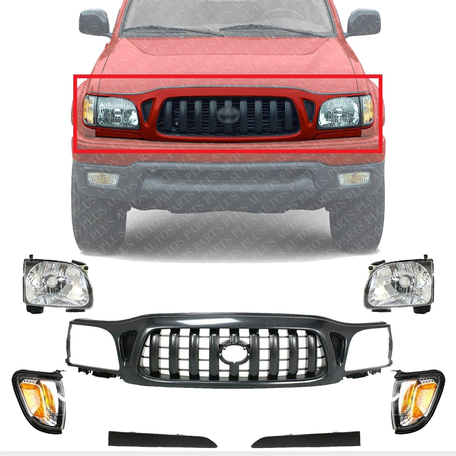 Front Grille Primed Shell & Insert + Headlights + Fillers + Corner Lamps Left Driver And Right Passenger Side Direct Replacement Compatible With 2001-2004 Toyota Tacoma