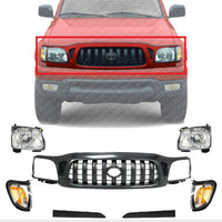 Front Grille Primed Shell & Insert + Headlights + Fillers + Corner Lamps Left Driver And Right Passenger Side Direct Replacement Compatible With 2001-2004 Toyota Tacoma